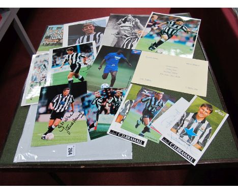 Newcastle United Autographs, Lee, Cole, Beardsley, Ferdinand, etc ink signed on images, plus eleven signatures of 1999 cup se