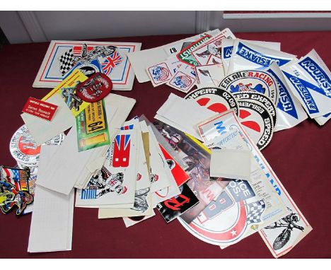 Speedway Darren Bookcock Memorabilia, including 1991 Reserve Team Manager Badge, self billing forms, car stickers, Bob Kilby 