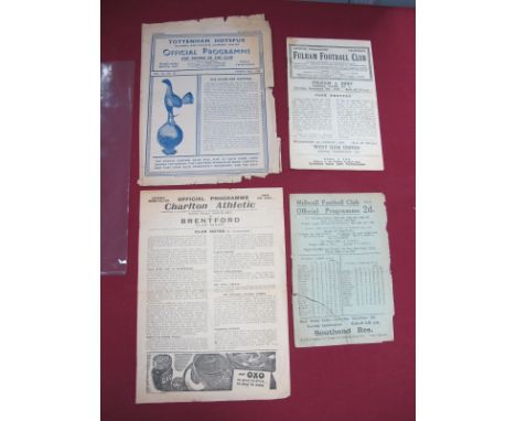 1945-6 Charlton v. Brentwood- FA Cup, 46-7 Fulham v. Bury (inside page part absent), Millwall v. Barnsley (torn), 47-8 Totten
