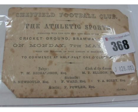 1860, Sheffield Football Club, Ticket Card for "The Athletic Sports", at "Cricket Ground, Brammall Lane", on Monday, 7th May,