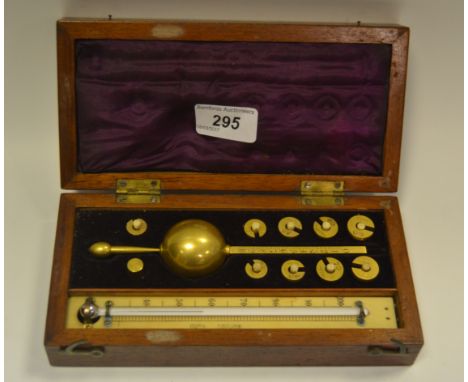 A Sikes`s Hydrometer, comprising a rule, a bulb and weights and a mercury thermometer on an ivory back board,  mahogany case