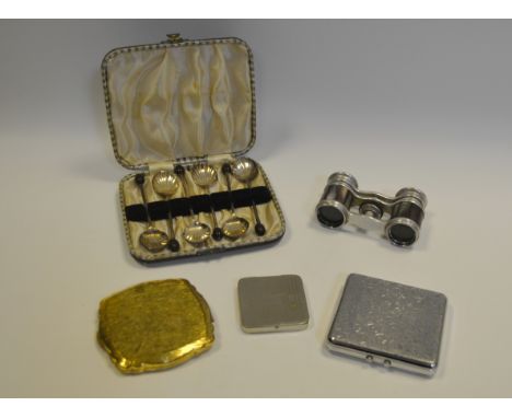 Ephemera - a pair of silver plated and mother of pearl opera glasses; a cased set of coffee bean spoons; a chrome plated comp