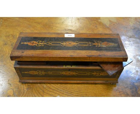 A 19th century rosewood and marquetry tea caddy, hinged cover enclosing a bowl aperture and a pair of lidded compartments