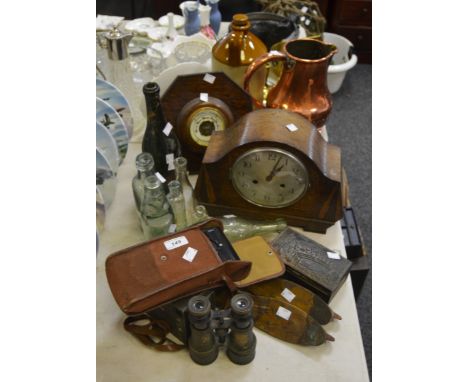 Ephemera - an oak framed barometer c.1930; an oak mantel clock; Cod bottle, others; box brownie camera;  etc qty 