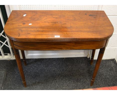A 19th century D-end mahogany card table, foldin top, tapering legs, c.1840