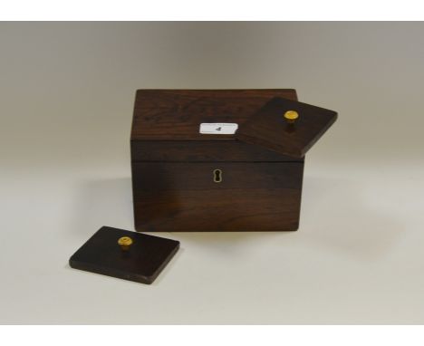 A George IV rosewood rectangular tea caddy, hinged cover enclosing a pair of lidded compartments, c.1830