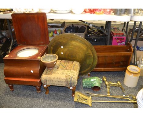 A 20th Century foot stool; a step commode; a magazine rack; a brass firedog; a brass fireside shovel and tongs; stoneware jel