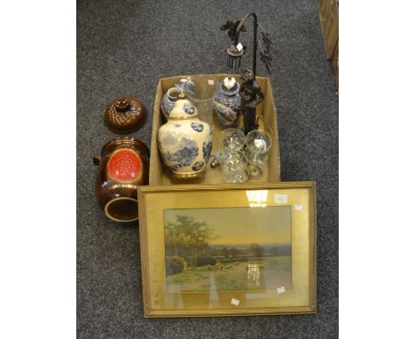 Household Goods - a framed print; an Art Nouveau style table lamp; a Rumtopf; Babycham glasses; ginger jar and cover; a cut g