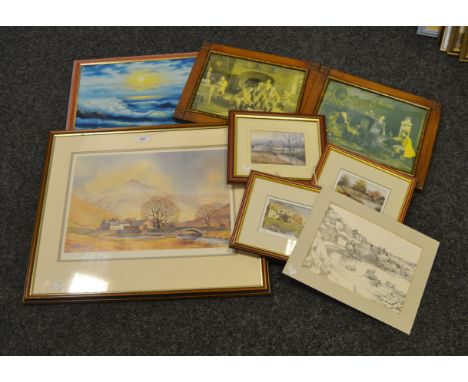 A pair of Edwardian prints in mahogany frames; oil on board, seascape; local interest prints, Foolow, Ashford in the Water; a