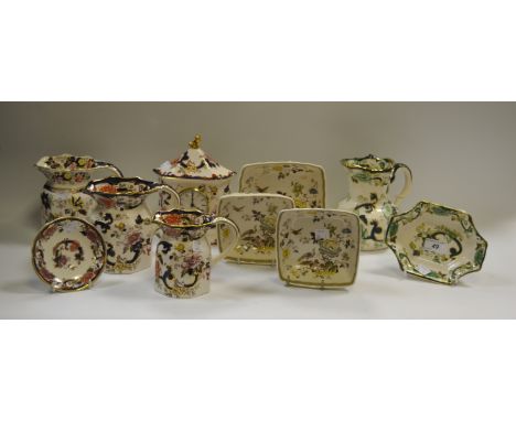 A Masons Mandalay pattern set of three graduating jugs; a Masons 'Chartreuse' pattern jug; a Masons 'Mandalay' pattern clock;
