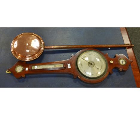 An early-20th century 'Rogers, Market Dayton' banjo barometer, steel dial; a copper warming pan (2)