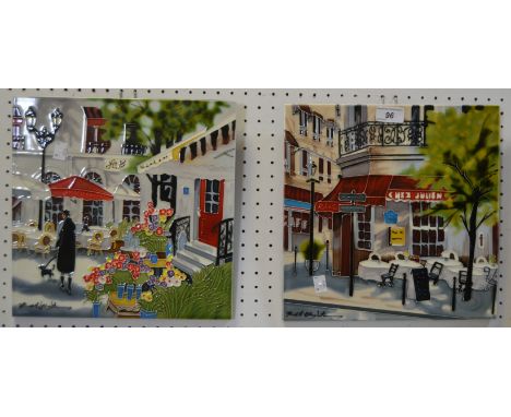 A pair of contemporary Brend Heighton tubelined ceramic tiles, 30 cm x 30 cm