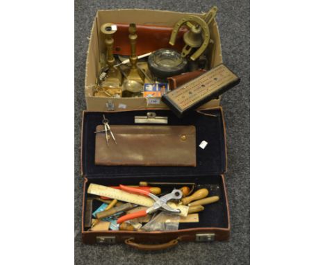 Household Goods - a pair of Georgian brass candlesticks; a box Brownie camera; leather working tools; a Masonic leather case;