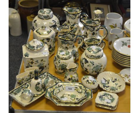 Masons Chartreuse pattern - a graduated set of ewers; ginger jar and covers; candlestick ; pin dishes;  etc qty 