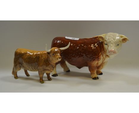 A Beswick Highland Cow; a Melba Ware Hereford Bull (2)