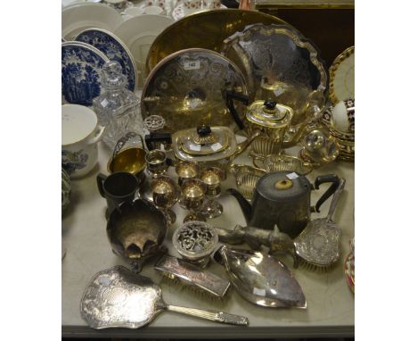 Silver Plated Ware - a silver plated gallery tray; a table sugar scuttle; toasting goblets; dressing table set; a four piece 