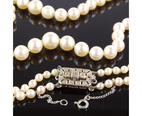 A Vintage double-strand matinee cultured pearl necklace, 9ct white gold diamond set clasp, largest pearl diameter 8.9mm, neck