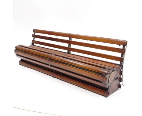 An unusual 19th century mahogany and brass model bench with hinged seat, length 61cm 