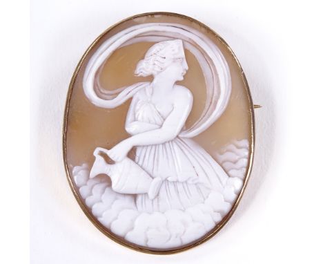 A relief carved cameo shell panel brooch, depicting Hebe - the Greek Goddess of Youth, in unmarked yellow metal frame, overal