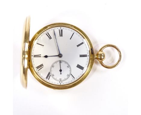 A 19th century 18ct gold full-hunter key-wind pocket watch, white enamel dial with Roman numeral hour markers, blued steel ha