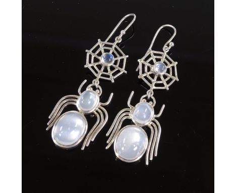 A pair of sterling silver cabochon moonstone figural spider and web pendant earrings, height excluding fitting 50mm, 10.1gBot