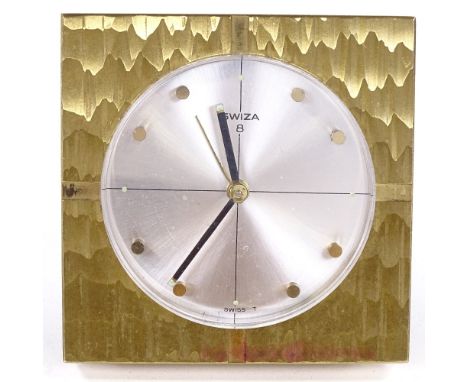 Swiza 8, retro textured brass-cased travelling alarm clock, height 8cm, recently overhauled and in working order 