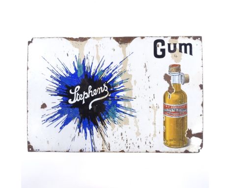 An original enamel advertising sign for Stephens Gum, with pictorial design, 39cm x 60cmLarge number of enamel chips around t
