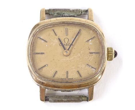 OMEGA - a lady's Vintage 9ct gold mechanical wristwatch head, ref. 1061, champagne dial with gilt baton hour markers and cabo