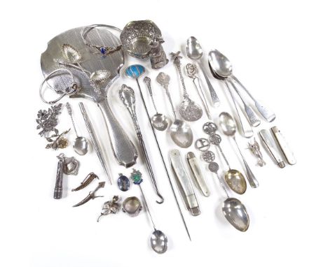 Various silver, including enamel hat pin, baby's bunny rattle, Chinese character mark spoons, hand mirror etcLot sold as seen