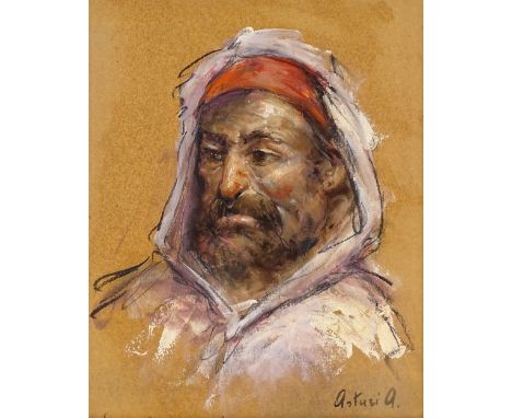 Mixed media on board, portrait of an Arab man, indistinctly signed Arturi A, 16" x 12", framedPerfect condition 