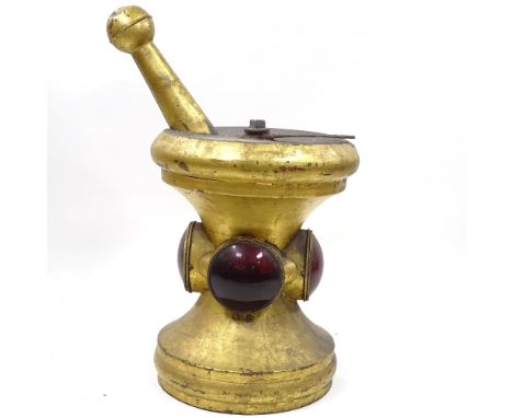 An unusual 19th century painted and gilded metal Apothecary/Chemist shop hanging sign, in the form of a pestle and mortar, wi