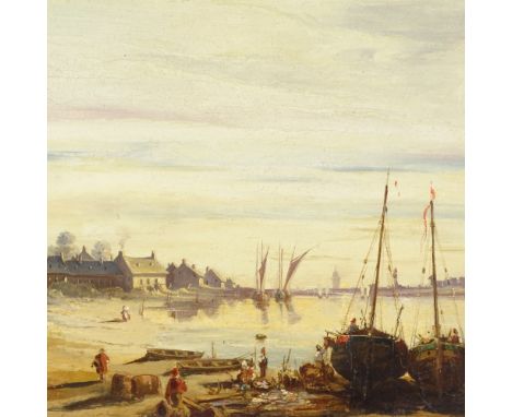Attributed to Richard Parkes Bonnington (1802 - 1828), oil on wood panel, detailed coastal scene, unsigned, 7.5" x 11", unfra