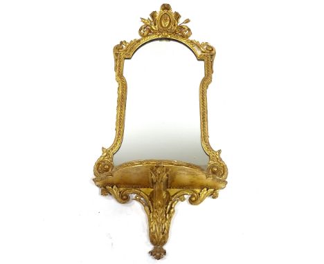 A 19th century gilt-gesso framed wall mirror with shelf below, overall height 1.1m, shelf width 50cm 