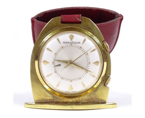 JAEGER LECOULTRE - a gold plated travelling keyring timepiece/clock, silvered dial with gilt baton hour markers, alarm functi