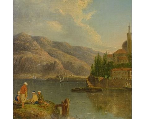 19th century Continental oil on canvas, Continental lake scene, unsigned, 18" x 24", framedNot lined, several very small patc