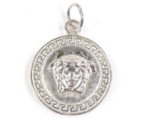 VERSACE - a sterling silver Medusa head pendant, Greek Key surround, pendant diameter 24.9mm, 12.2gVery good overall conditio