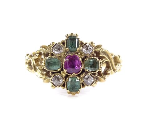 A Victorian 18ct gold ruby emerald and diamond ring, pierced scrollwork shoulders with memorial panel back, maker's marks C&R