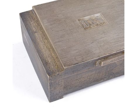 An Art Deco style rectangular silver cigarette box, stepped form with engine turned decoration, by J B Chatterley & Sons Limi