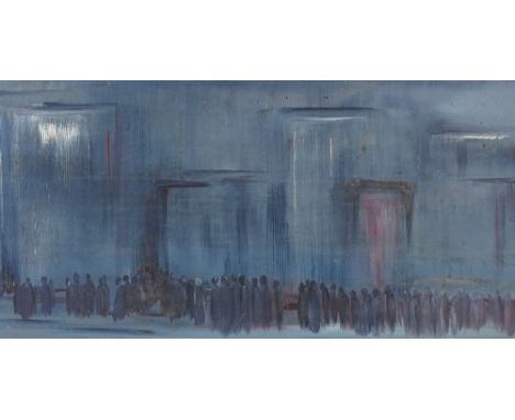 Carmen Simpkins (1913 - 2011), oil on board, abstract crowd, 1965, signed verso, 12.5" x 31", framedGood original condition b