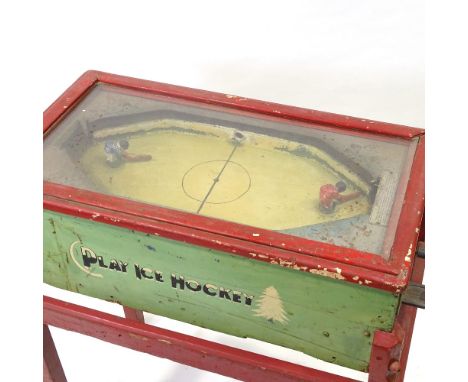 Play Ice Hockey coin-in-the-slot arcade game, mid 1930s, possibly made by Seeburg, with 2 rotating hockey players, the raised