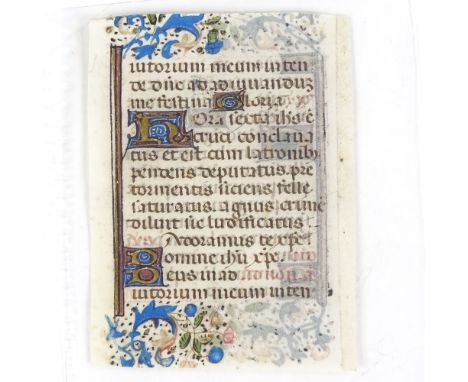 A miniature handwritten and illuminated manuscript on parchment, 16th century or earlier, double-sided, 2.25" x 1.75"Very goo