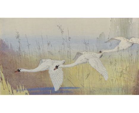 A W Seaby, colour woodcut print, flying swans, signed in pencil, image 8.5" x 14.5", framedVery good condition 