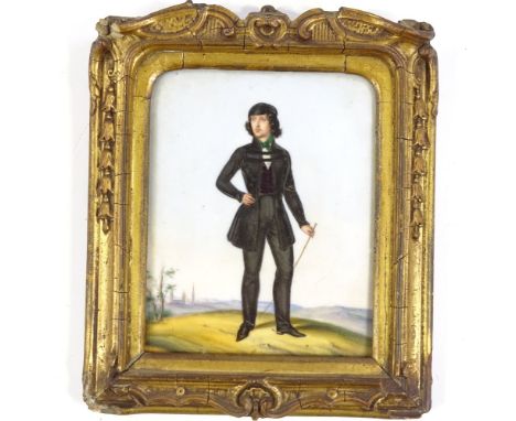 19th century oil on opaque glass panel, portrait of a gentleman in a Continental landscape, unsigned, 5" x 4", original gesso