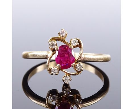 An Art Nouveau style unmarked gold ruby and diamond dress ring, setting height 11.8mm, size approx M/N, 2.3gVery good overall