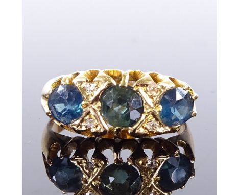 An 18ct gold 7-stone sapphire and diamond half-hoop ring, hallmarks London 1919, setting height 7.9mm, size K, 3.4gVery good 