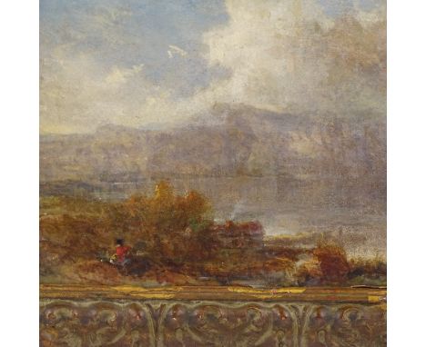 19th century oil on wood panel, misty landscape, unsigned, 9" x 13", framedGood condition with minor abrasions 