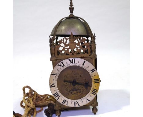 A brass-cased lantern clock, dial inscribed James Pool, striking on a bell with single hand, overall case height 38cm