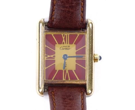 MUST DE CARTIER - a lady's Vermeil sterling silver Tank quartz wristwatch, ref. 3 66001, gilt dial with red backing, quarterl