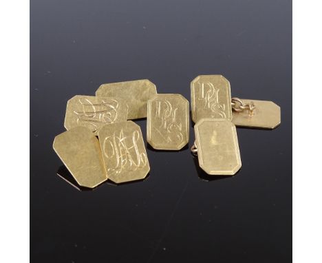 2 pairs of 9ct gold cufflinks, panel length 16.4mm, 12g total, (2) (1 pair broken)One pair is broken but panels still present