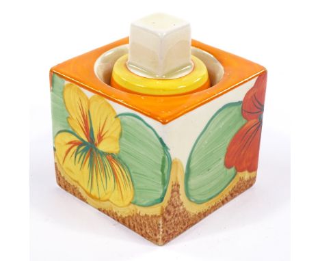 A Clarice Cliff for Newport Pottery Bizarre Nasturtium pattern cube shape inkwell, model no. 458, with original lid, overall 